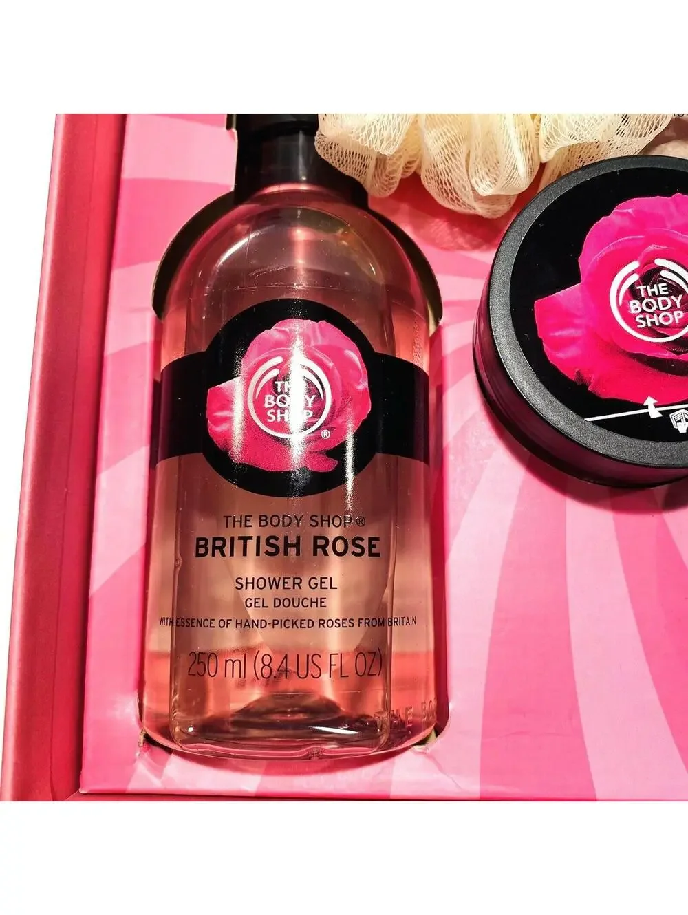 British Rose The Body Shop Gift Set Box Brand NEW Pink Body Wash Loofah Cream